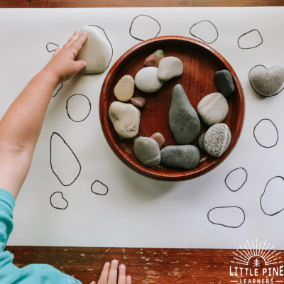 Try this simple stone matching game today! This game will give your child the opportunity to practice using new vocabulary words, compare different sizes and shapes, strengthen fine motor skills, and appreciate nature in a new way!