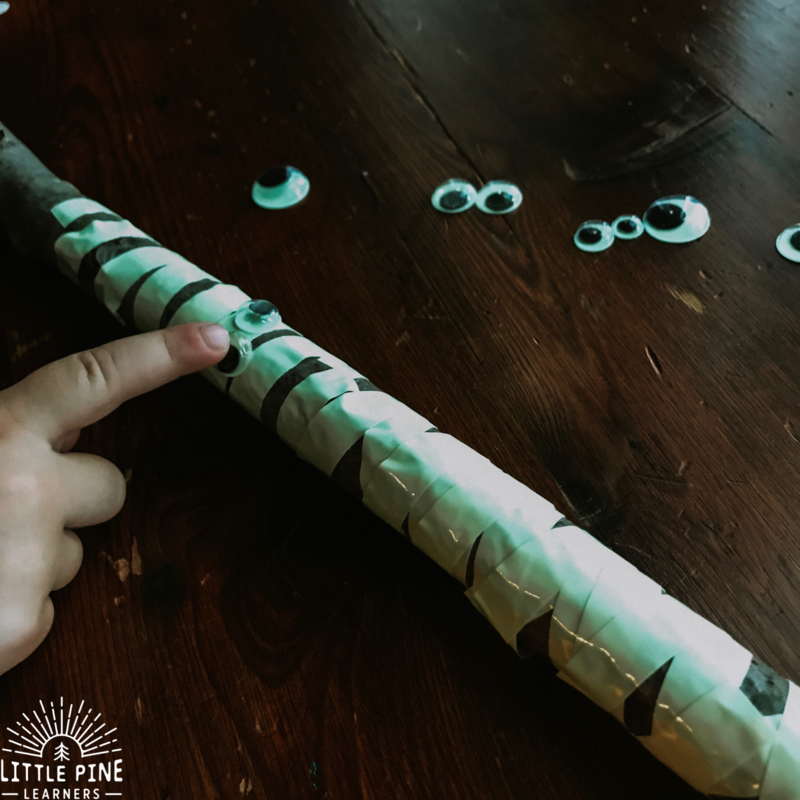 This glow-in-the-dark mummy hiking stick is simple to make and is the perfect accessory for trick or treating, a spooky night hike outing, or halloween party!