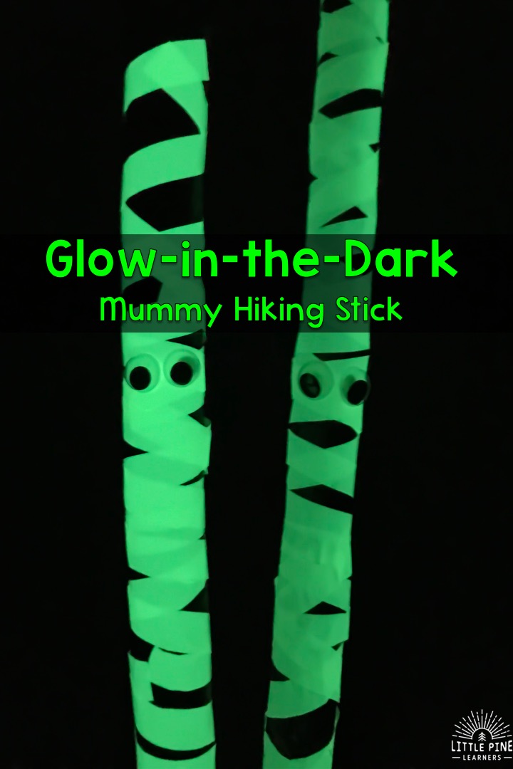 This glow-in-the-dark mummy hiking stick is simple to make and the perfect accessory for trick or treating, a spooky night hike outing, or halloween party!