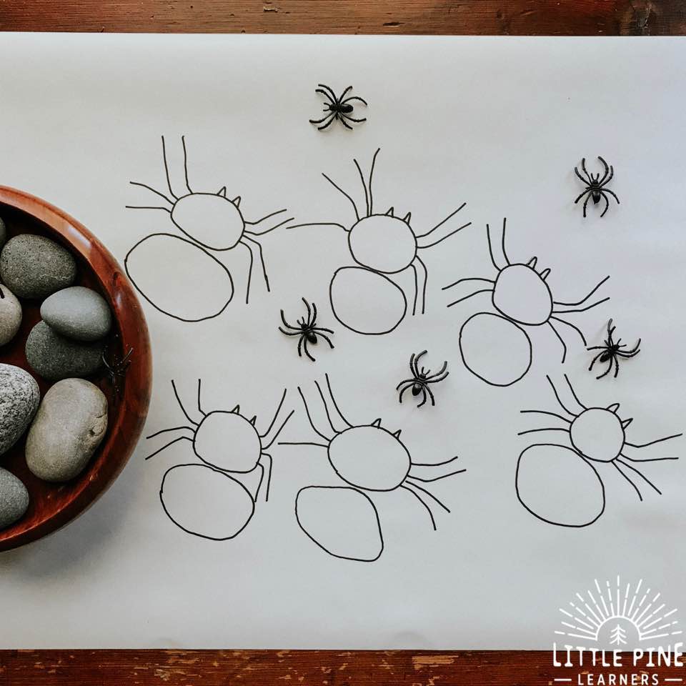 Here is a simple DIY stone activity that kids will love! This is a great activity for learning about spider anatomy or makes a great Halloween game. Kids will enjoy searching for the correct stones while learning new nature vocabulary words, strengthening fine motor skills, and comparing different stone sizes and shapes.  