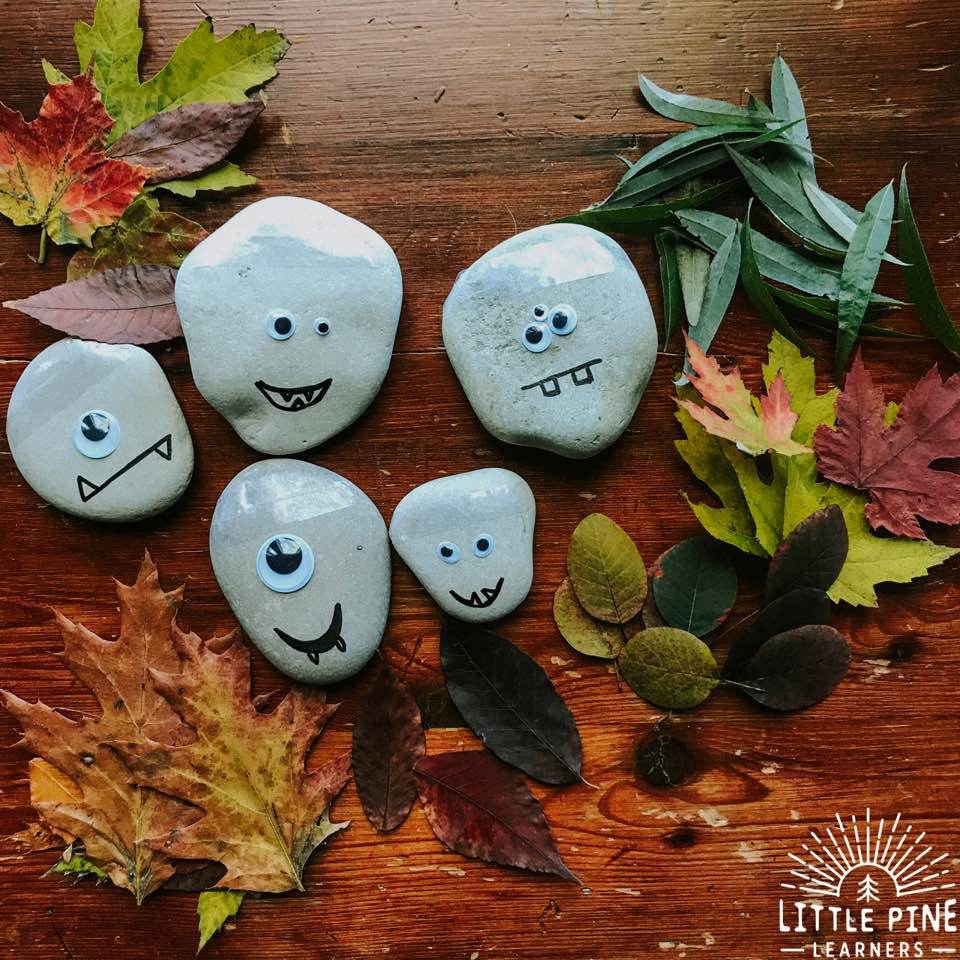 Here is an easy leafy monster rock craft idea for Halloween. This is a great non-scary idea, and uses natural materials which you probably already have right in your yard or nature collection!