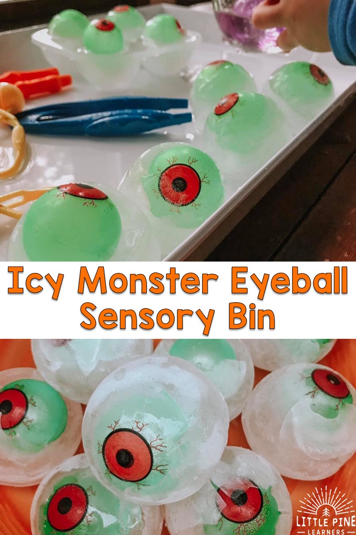 This icy sensory bin is perfect for your next Halloween party or any regular ole Monday! It's easy to set up and it will keep kids entertained for a long time. Just freeze toy monster eyeballs in extra large sphere ice molds, set out some fine motor tools and you are all set!