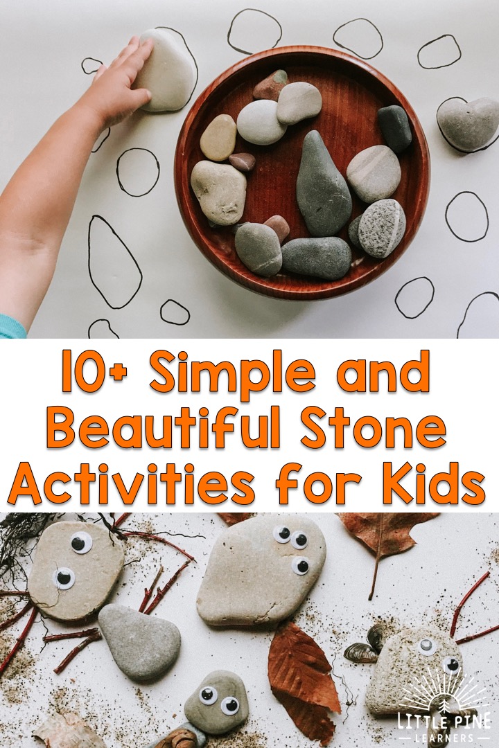 Here you will find 10+ stone and rock themed nature crafts, literacy and other kids learning activities! These unique and creative activities are irresistible and I promise you will find a handful to try with your little rock hound! These are perfect for the homeschool, outdoor or traditional classroom. 