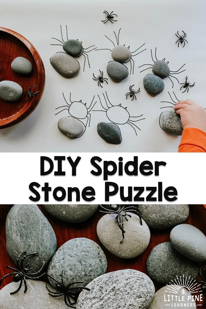 Here is a simple DIY stone activity that kids will love! This is a great activity for learning about spider anatomy or makes a great Halloween game. Kids will enjoy searching for the correct stones while learning new nature vocabulary words, strengthening fine motor skills, and comparing different stone sizes and shapes.  