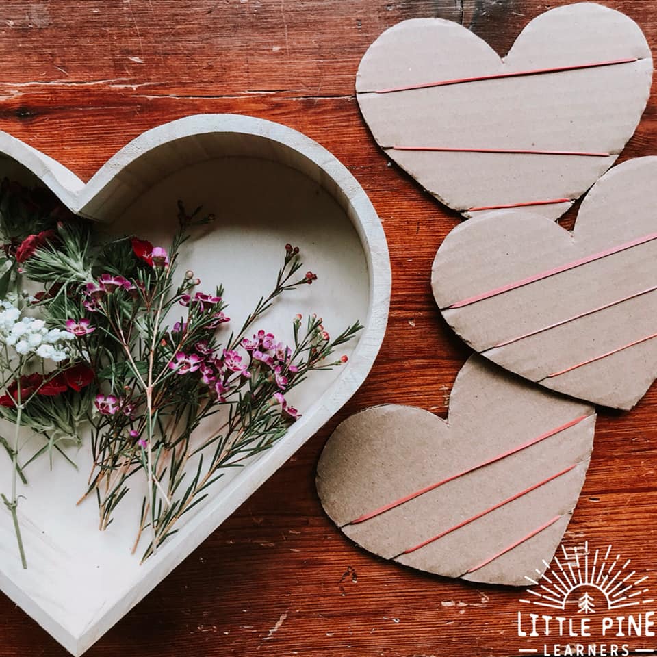 Try this simple nature heart weaving activity for Valentine's Day or Mother's Day. The contrast of the natural cardboard heart with the colorful flowers, makes this the most beautiful gift to hand out this Valentine's Day!