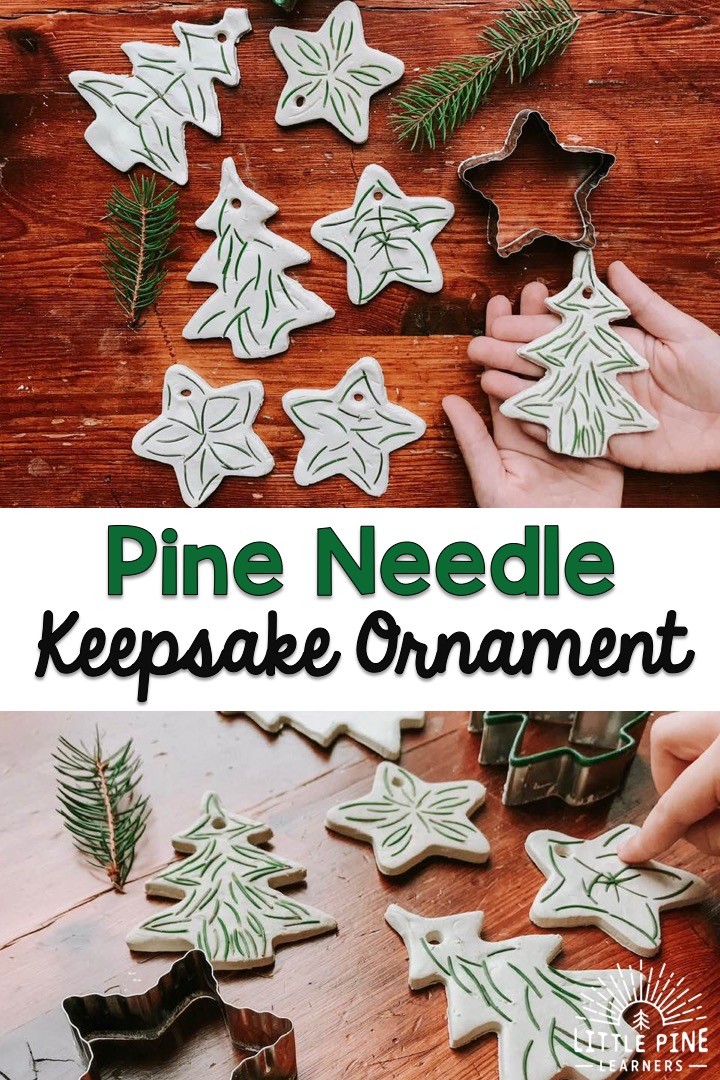 Here is a simple and beautiful keepsake ornament to make with kids. Kids will love making pretty pine needle designs on the ornaments and these little pieces of art will become a special reminder of this holiday season! Just pick a few pine needles off your tree (or off the floor), add a couple more supplies and you are all set to make this ornament you will treasure forever. 