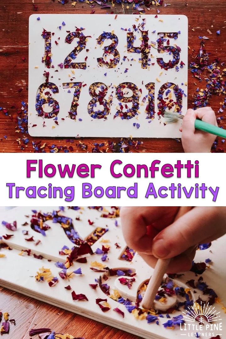Try using these hands-on alphabet and number tracing boards with your favorite nature sensory bin filler for a fun way to learn how to write numbers and letters! Children will love tracing the numbers and letters and sweeping the flower confetti pieces into the tracing board with a paint brush.