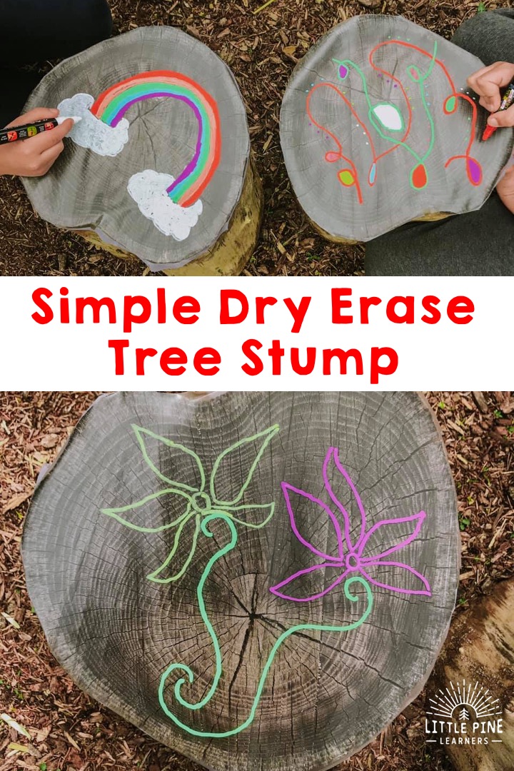 Transform a tree stump into a dry erase surface with just a couple of supplies! Children will love using these special markers to make beautiful and vibrant creations on a tree stump. Have fun drawing pictures, writing letters and words, or playing games like tic-tac-toe!