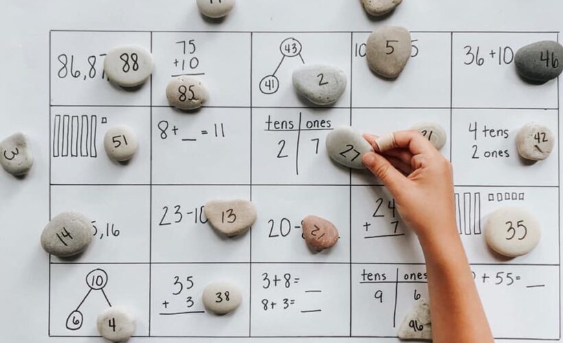 Here is a fun math review game that's great for any age and ability! This game can be personalized for any common core standard or skill. Best of all, you just need a piece of paper, a marker, and some rocks to set it up for your students at school or children at home.