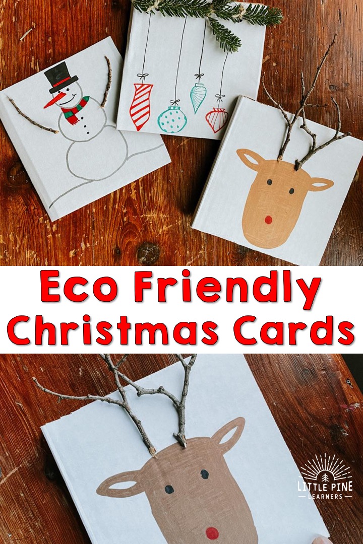 Cute reindeer, snowman, and ornament eco friendly Christmas cards. 