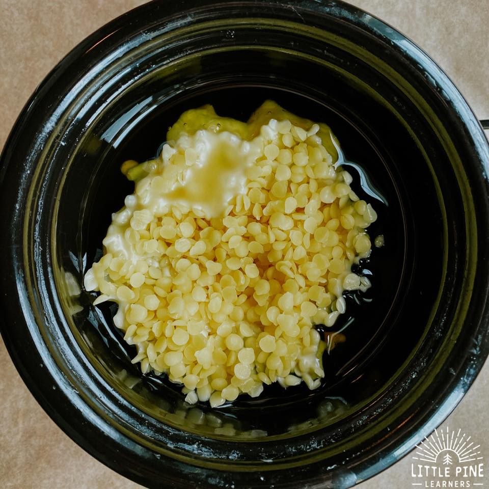 Melt beeswax in a Crock Pot. 
