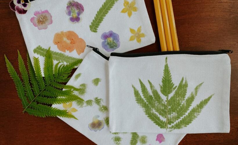 Beautiful homemade pencil case with hammered flower and leaf prints