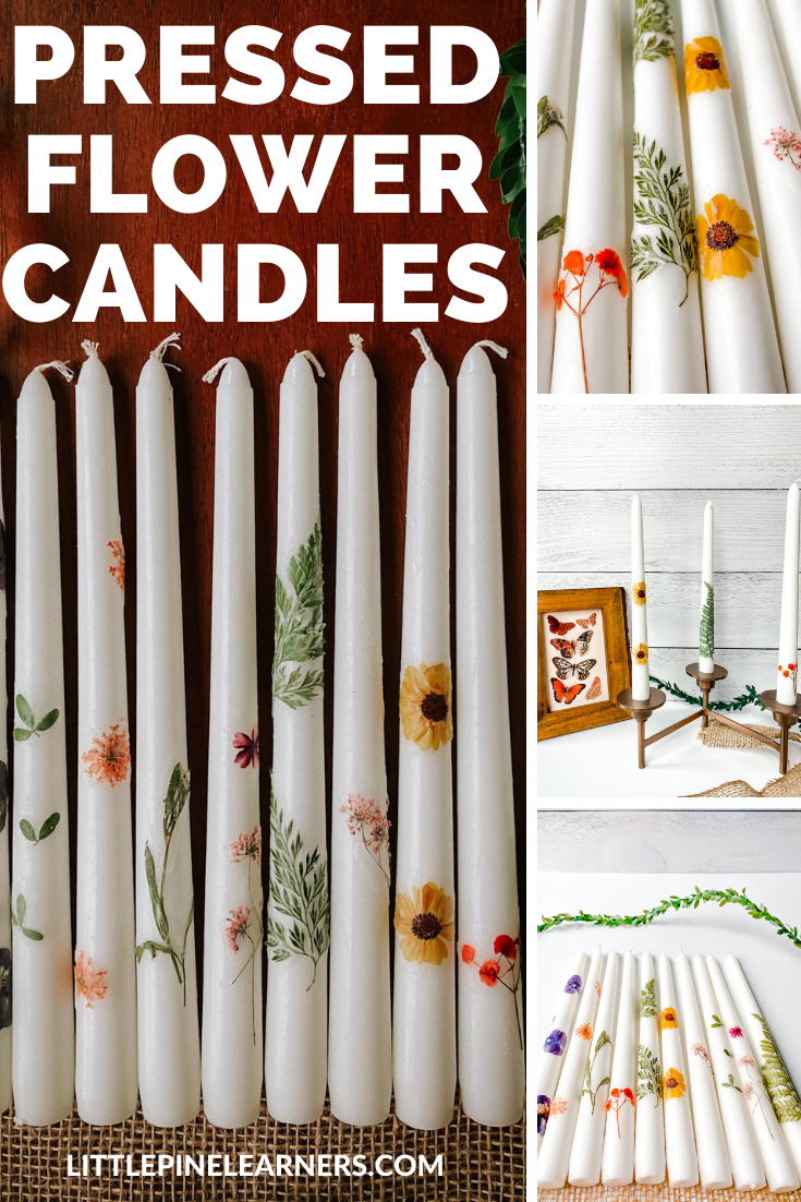Pressed flowers on white taper candles
