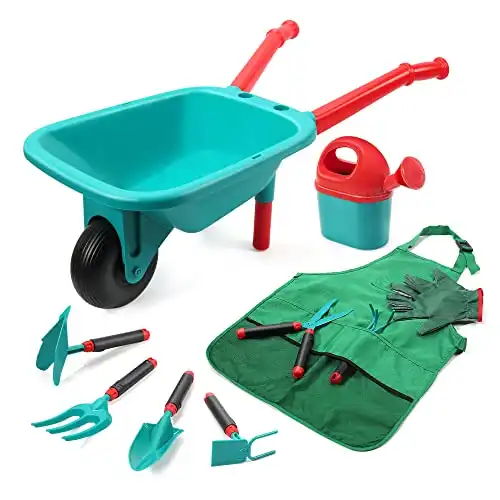 Cute Kids Gardening Tool Set, Garden Toys with Wheelbarrow, Watering Can, Gardening Gloves, Hand Rake, Shovel, Trowel, Double Hoe, Apron with Pockets