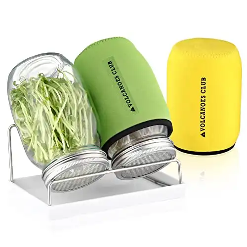 Complete Sprouts Growing Kit - 2 Large Wide Mouth Mason Jars with Sprouting Screen Lids/Tray/Sprouter Stand/Blackout Sleeves - for Growing Microgreens/Broccoli/Alfalfa/Mung Bean Sprouts