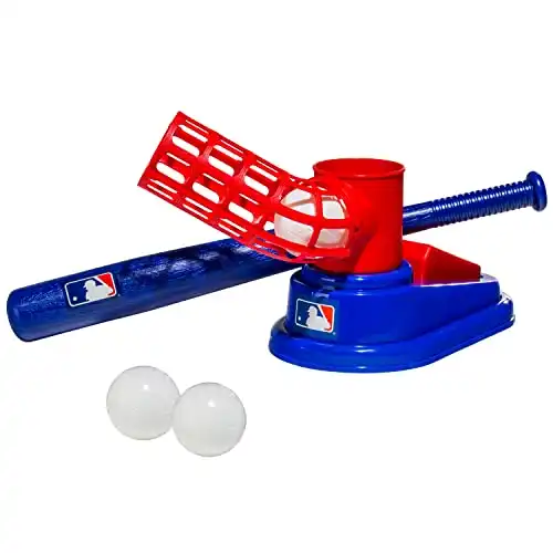 Franklin Sports Kids Baseball Pitching Machine - Pop A Pitch Baseball Batting Machine with Youth Bat + 3 Plastic Baseballs - Boys + Girls Baseball Toy,Red/Blue