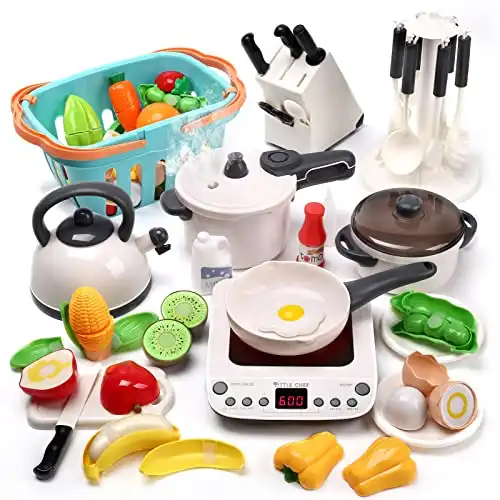 Pretend Play Kitchen Toy with Cookware, with Steam Pressure Pot and Electronic Induction Cooktop, Cooking Utensils, Toy Cutlery, Cut Play Food, and Shopping Basket
