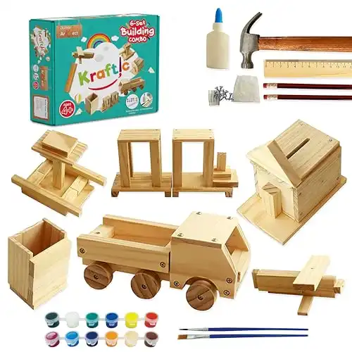Kraftic Woodworking Building Kit for Kids and Adults, with 6 Educational Arts and Crafts