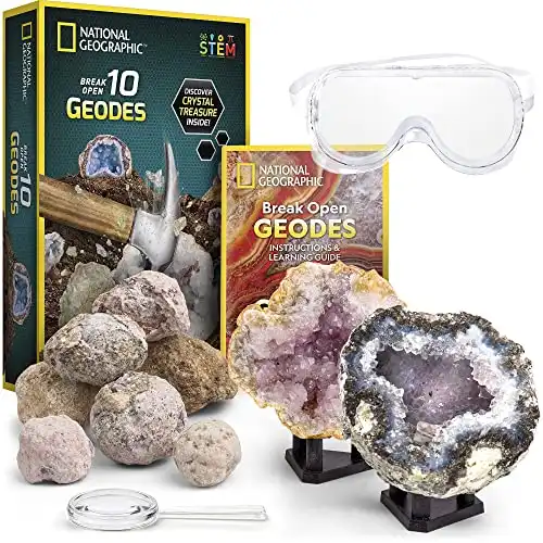 Break Open 10 Premium Geodes - Includes Goggles and Display Stands