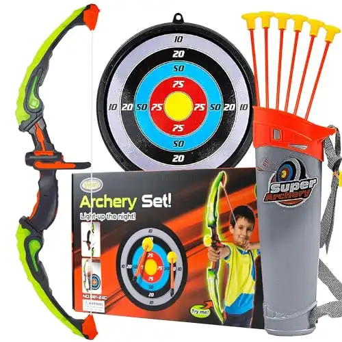 Kids Archery Set with LED Flash Lights, Toy Bow and Arrow Set, Includes Archery Bow, 6 Archery Arrows, Target, Quiver - Great for Youth Practice