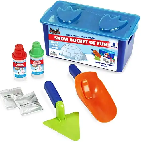 Flexible Flyer Bucket of Fun Play Snow Kit for Kids. Brick Mold Markers Scoop Trowel Winter Fort Toy