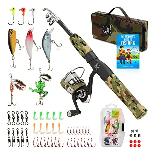 Kid’s Fishing Pole Kit with Spinning Reel - 62 Piece Tackle Bag, 4lb Line, Including Beginner’s Guide eBook, Toddler Fishing Pole Combo, Youth Telescopic Portable Rod, and Gea...