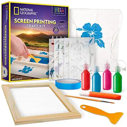 NATIONAL GEOGRAPHIC Kids Screen Printing Kit- with Fabric Paint, Frame, Stencils & Squeegee Plus Drawstring Bag & More, Screen Print, Silkscreening Ki...
