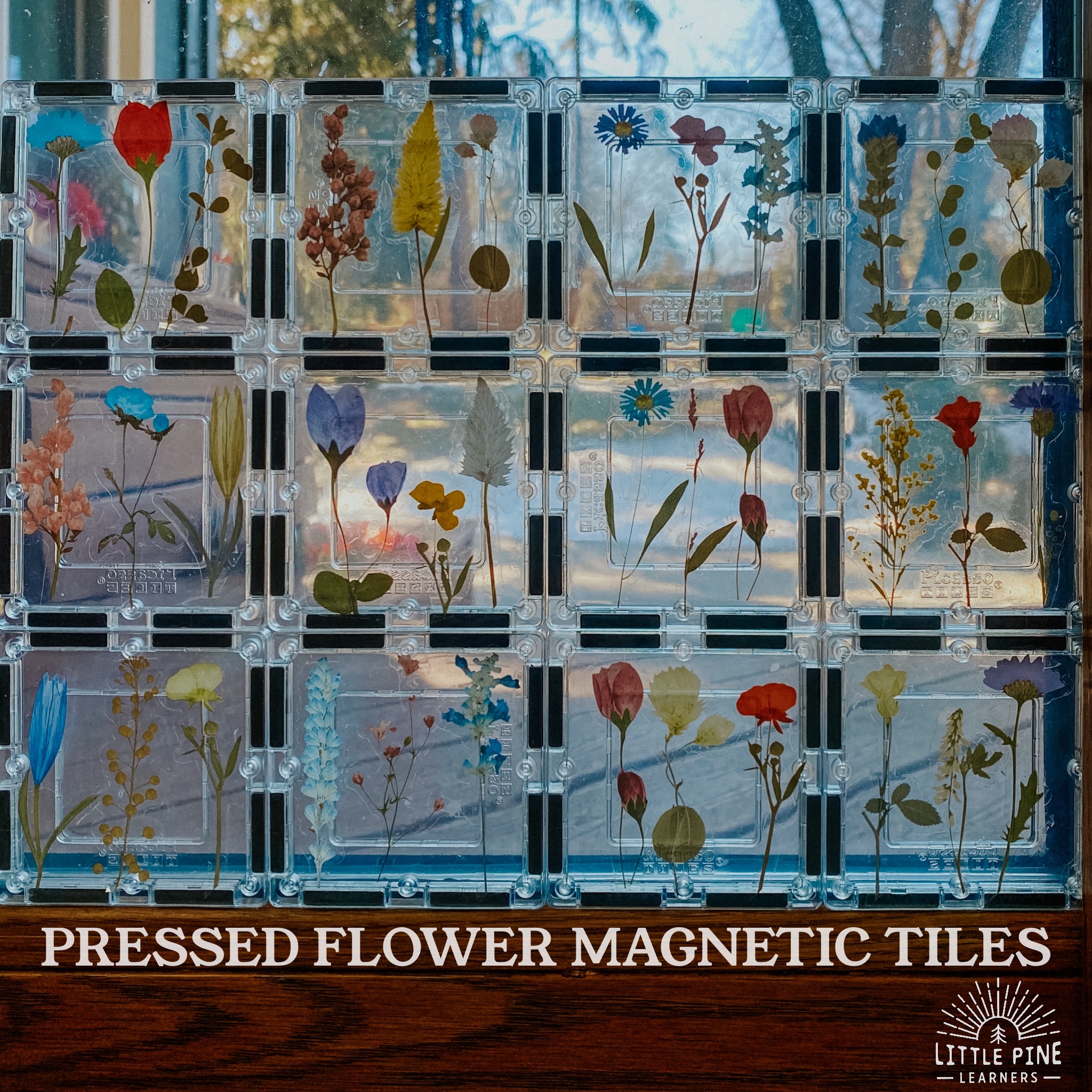 Pressed flower stickers on magnetic tiles